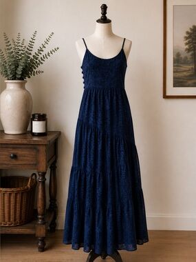 Club Monaco Navy Floral Textured Cotton Tiered Maxi Dress Spaghetti Strap